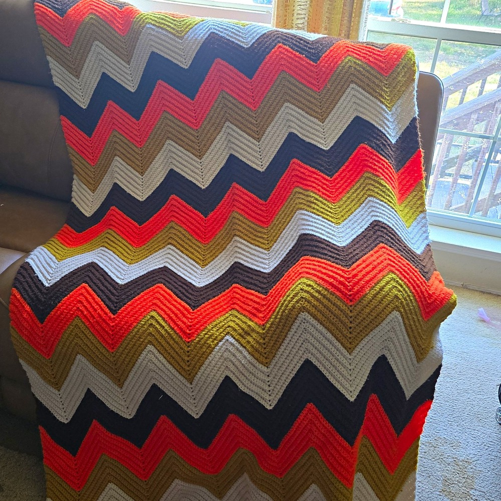 Crochet Chevron Zig Zag Multicolor Sofa Throw Blanket Rectangle Vintage Decor